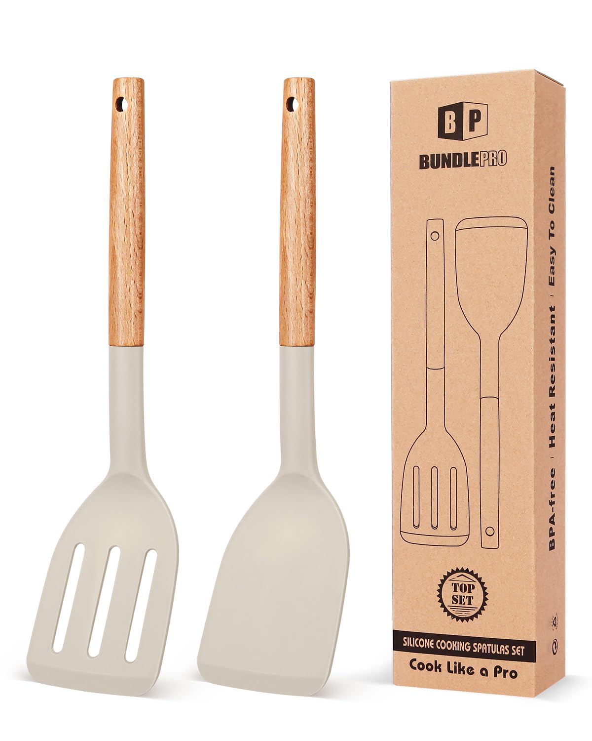 BUNDLEPRO Silicone Spatula, Solid & Slotted Turner, BPA-Free, 2 Pack, Khaki