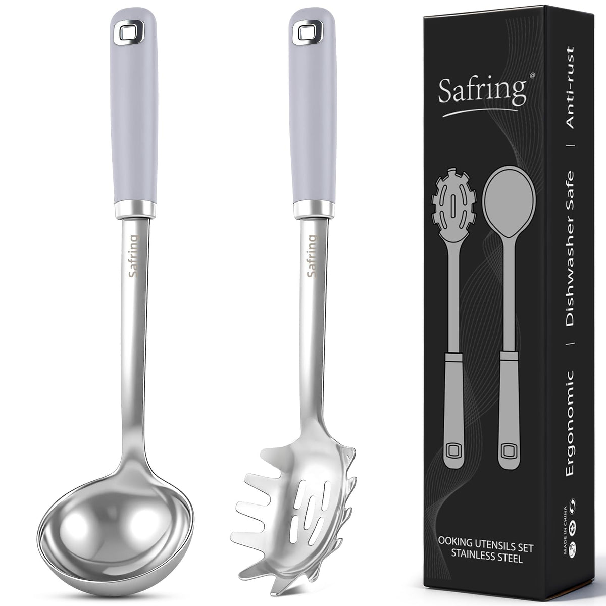 Safring Stainless Steel Soup Ladle and Spaghetti Spoon Set, Heat Resistant Rubber Handle, Dishwasher Safe, Kitchen Utensils for Cooking, Stirring, Serving Pasta, Soup & Sauce