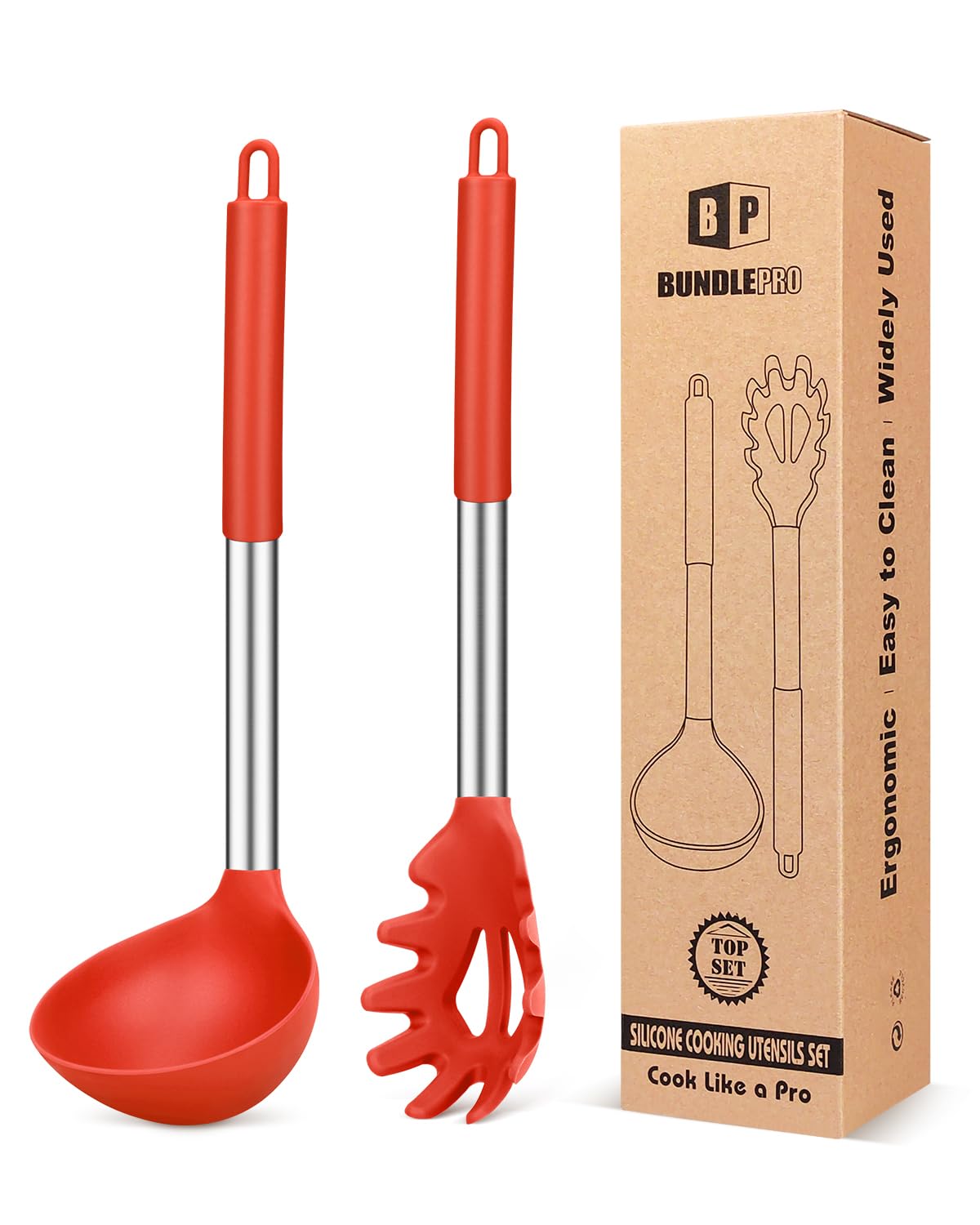 BUNDLEPRO Silicone Soup Ladle and Pasta Spoon Set, 2 Pack, Gray