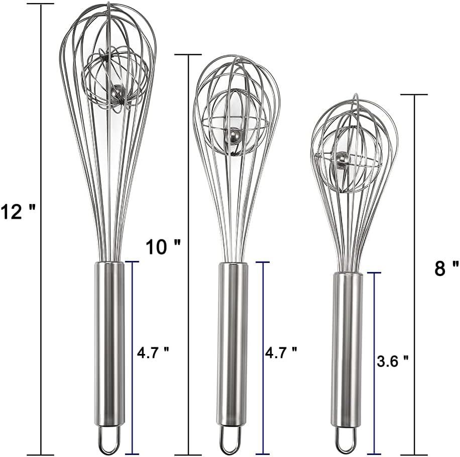 3 Pack 8, 10, 12 inches Balloon Whisk Double Balloon Wire Whisk Blending Whisking Beating Stirring Egg Beater Stainless Steel (with inside Ball)
