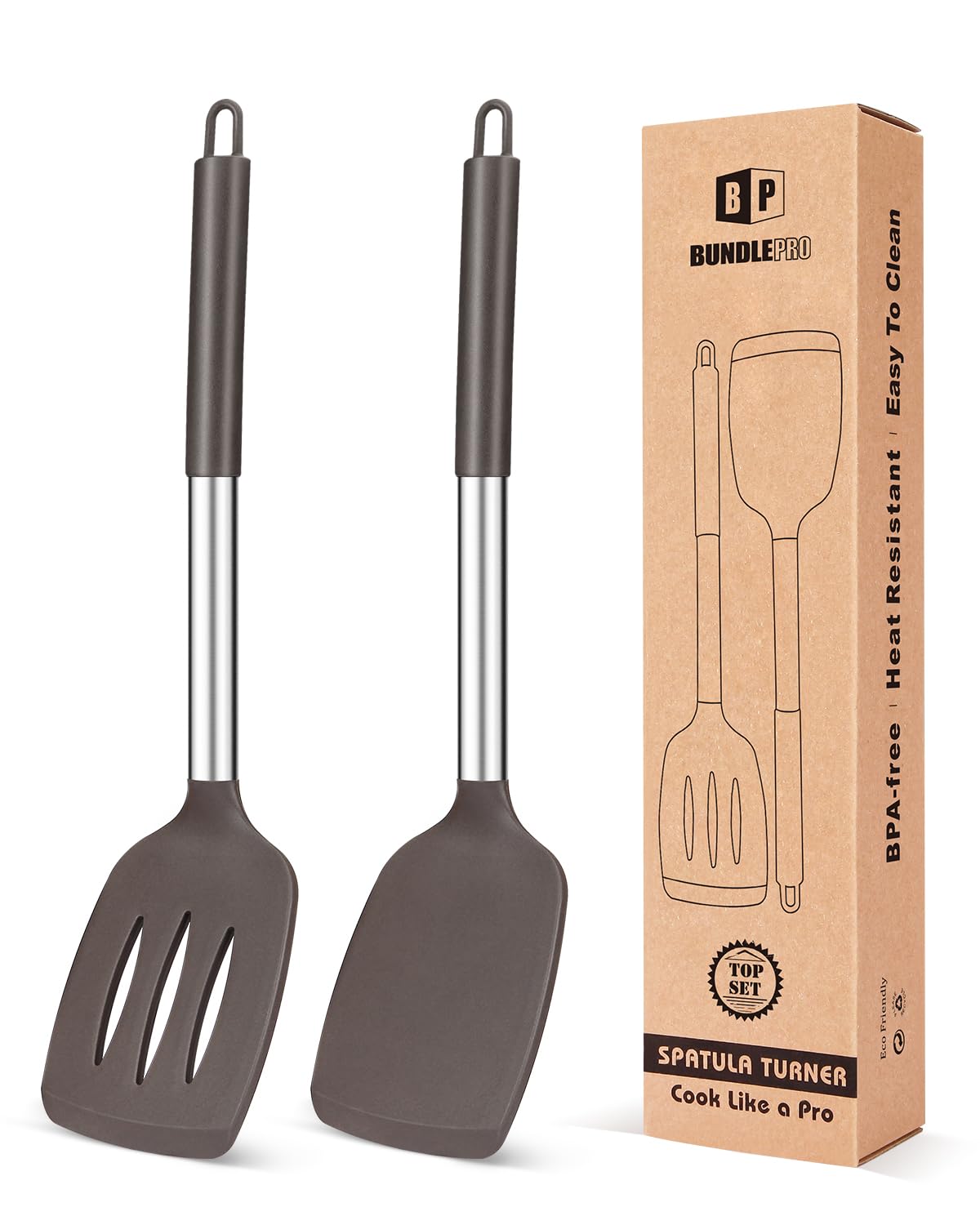 Pack of 2 Silicone Solid Turner, Non Stick Slotted Kitchen Spatulas, High Heat Resistant BPA Free Cooking Utensils, Ideal Cookware for Fish, Eggs, Pancakes(Green)
