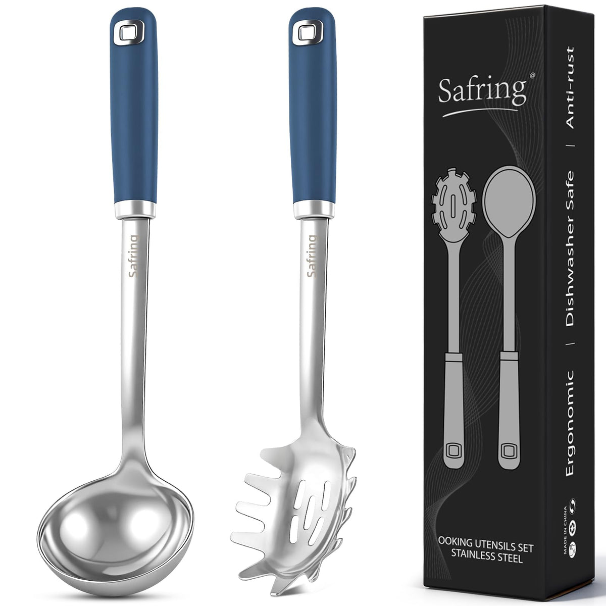 Safring Stainless Steel Soup Ladle and Spaghetti Spoon Set, Heat Resistant Rubber Handle, Dishwasher Safe, Kitchen Utensils for Cooking, Stirring, Serving Pasta, Soup & Sauce