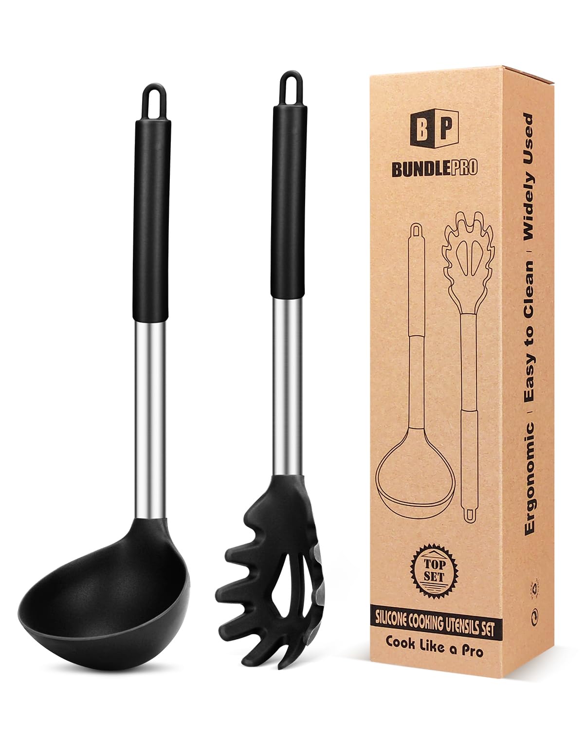 BUNDLEPRO Silicone Soup Ladle and Pasta Spoon Set, 2 Pack, Gray