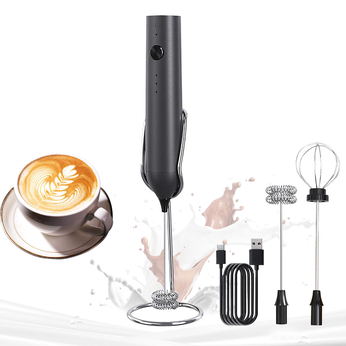 YARRAMATE Rechargeable Milk Frother, 3-Speed Electric Whisk, 2 Heads