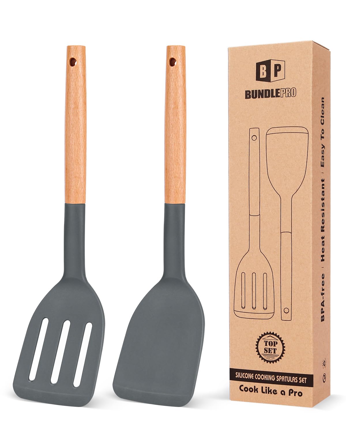 BUNDLEPRO Silicone Spatula, Solid & Slotted Turner, BPA-Free, 2 Pack, Khaki