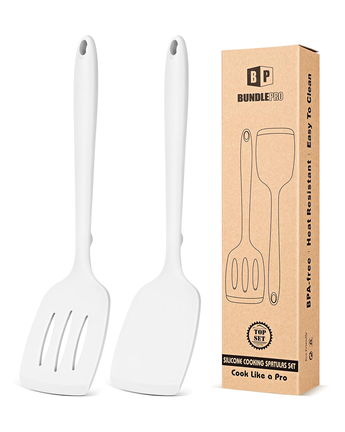 BUNDLEPRO Silicone Spatula, Solid & Slotted Turner, One-Piece, 2 Pack,Khaki