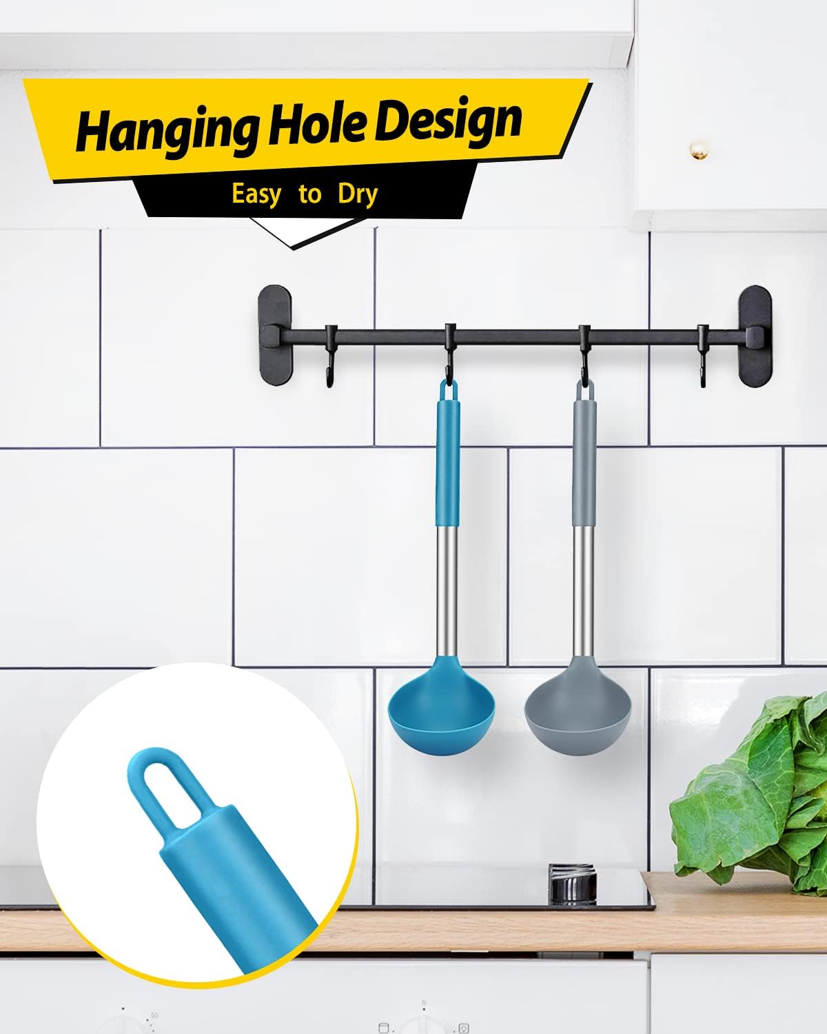 BUNDLEPRO Silicone Soup Ladle Spoon Kitchen Utensils, 2 Pack, Grey-Blue