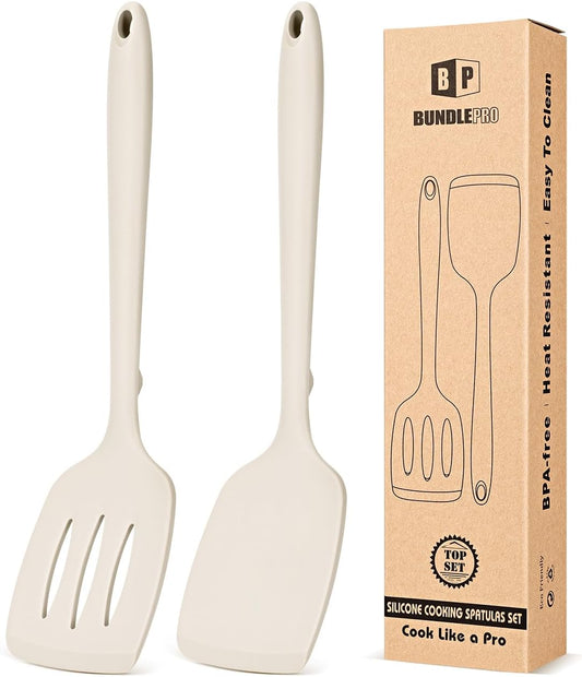 BUNDLEPRO Silicone Spatula, Solid & Slotted Turner, One-Piece, 2 Pack,Khaki