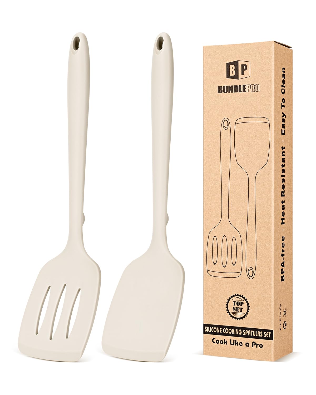BUNDLEPRO Silicone Spatula, Solid & Slotted Turner, One-Piece, 2 Pack,Khaki