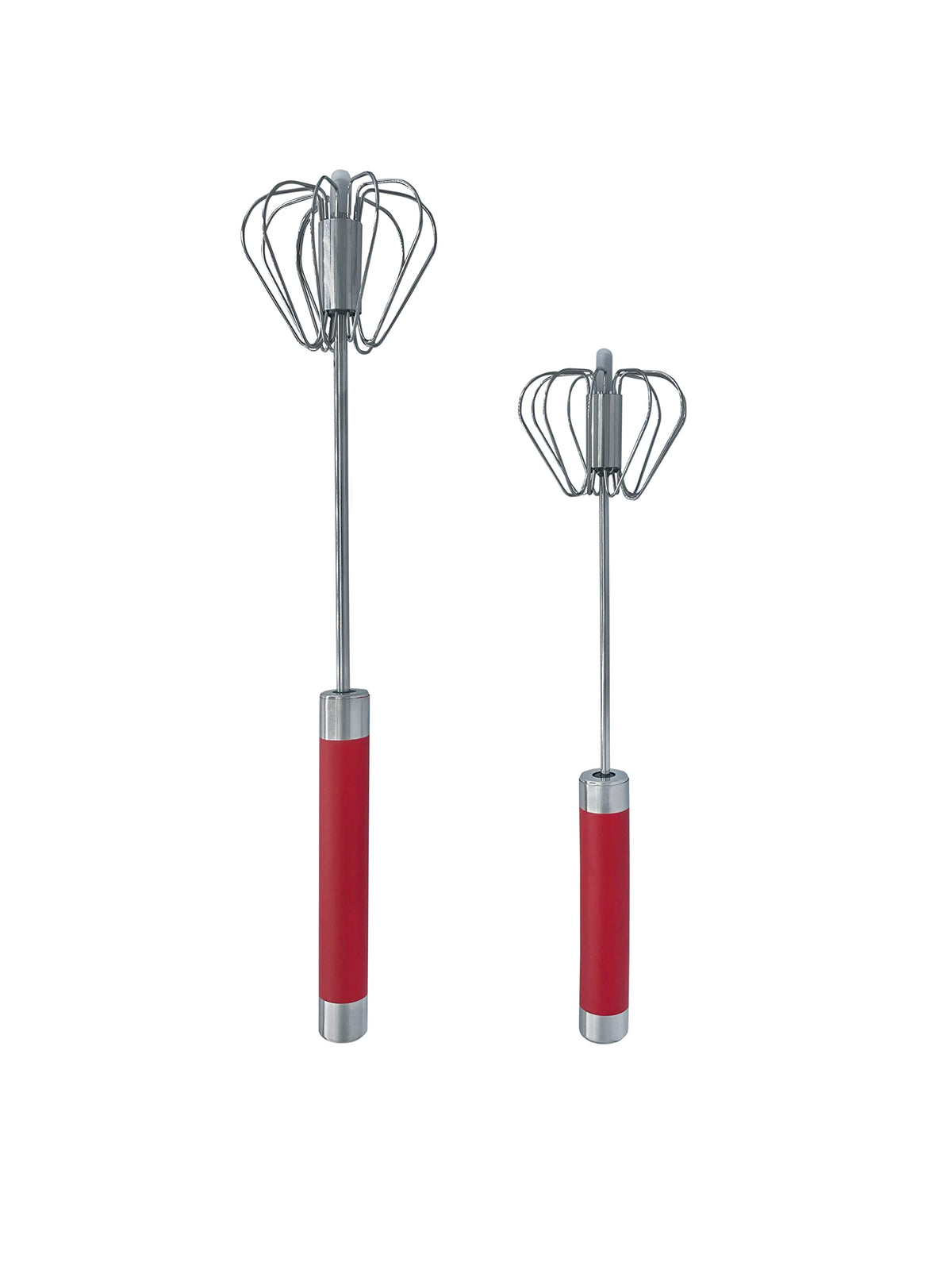 Stainless Steel Push Whisk - Easy to Use Manual Hand Mixer & Plunger Whisk - Make Froth, Foam & Whipped Cream - Semi Auto Egg Beater Plastic Tip Won’t Scratch Pans (2 Pack 10in & 12in) WHITE