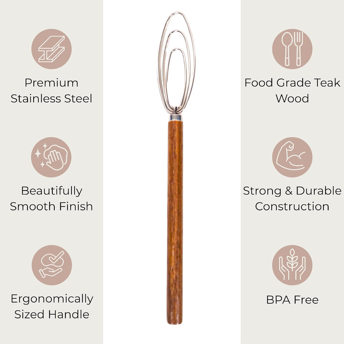 Sourdough Starter Jar Whisk - Easily Mix Thick Starter Dough; Rounded Edges and Tip Scrapes Side and Bottom of Jar Clean; Essential Sourdough Whisking Tool; Teak Wood and Stainless Steel Hand Whisk