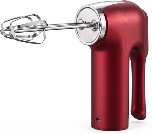 Cordless Hand Mixer with Dough Hooks, Heavy Duty Beater with High Power Motor, Type-C Charging, 3 Speeds & 4 Attachments for Thick Batter Jam Whipping, Lightweight for Baking (Burgundy)