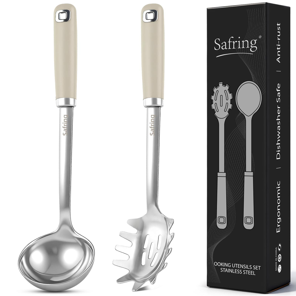 Safring Stainless Steel Soup Ladle and Spaghetti Spoon Set, Heat Resistant Rubber Handle, Dishwasher Safe, Kitchen Utensils for Cooking, Stirring, Serving Pasta, Soup & Sauce