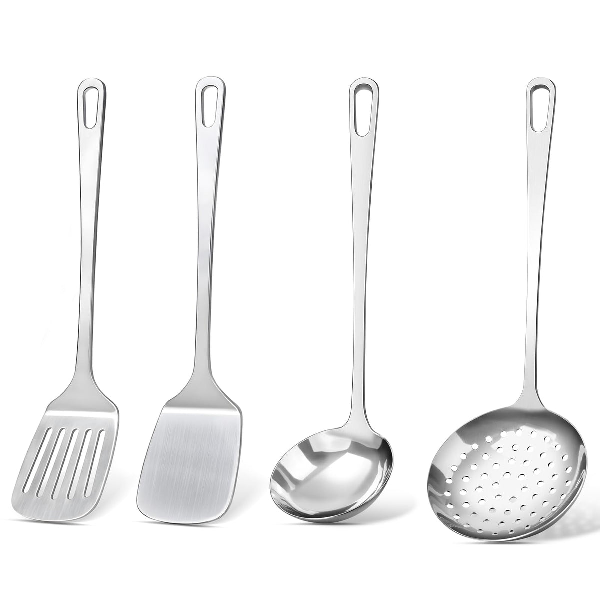 4 Pcs Cooking Utensils Set, Stainless Steel Kitchen Utensils, Heat Resistant Metal Kitchen Tools Include Solid & Slotted Turner Wok Spatula, Serving Spoon, Ergonomic Handle, Easy to Clean, Silver