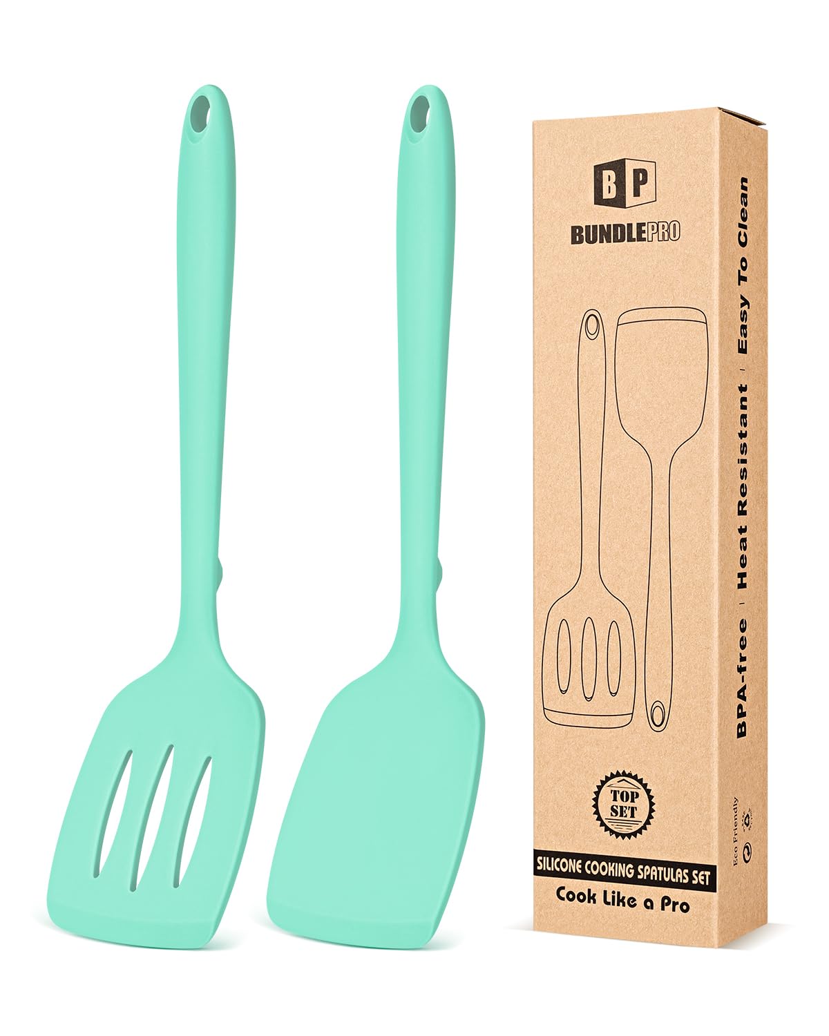 BUNDLEPRO Silicone Spatula, Solid & Slotted Turner, One-Piece, 2 Pack,Khaki