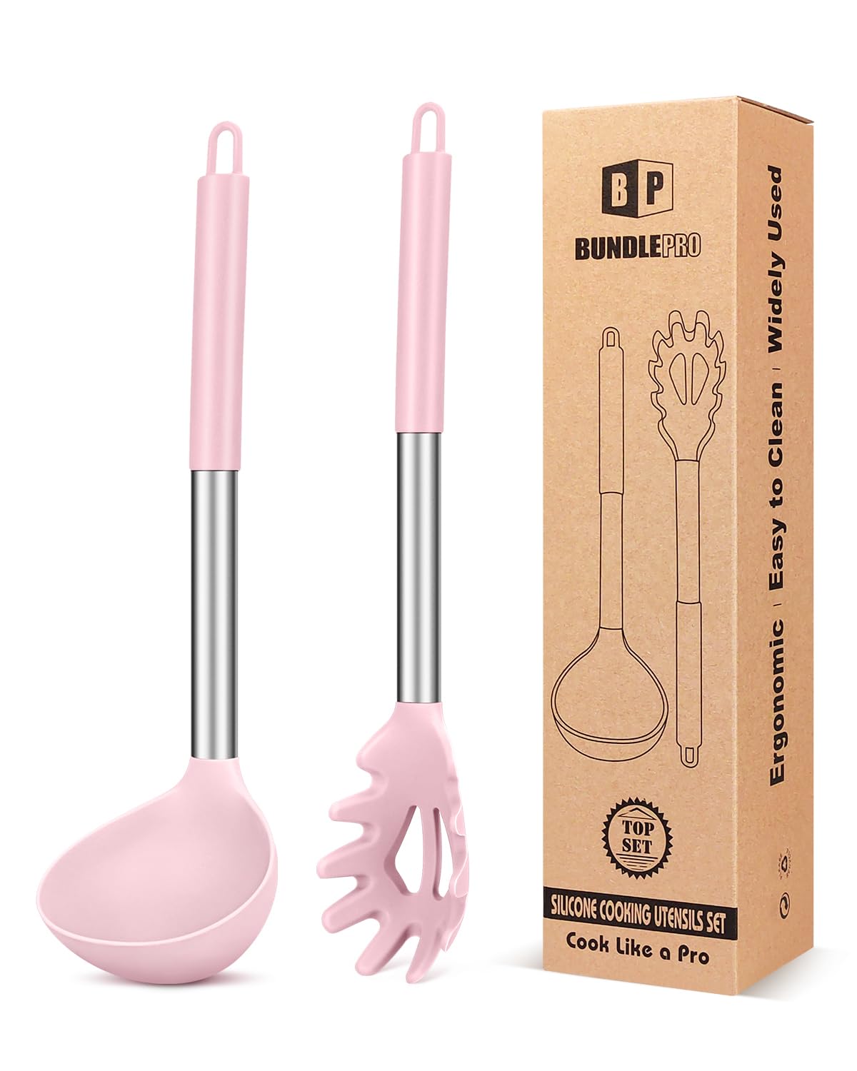 BUNDLEPRO Silicone Soup Ladle and Pasta Spoon Set, 2 Pack, Gray