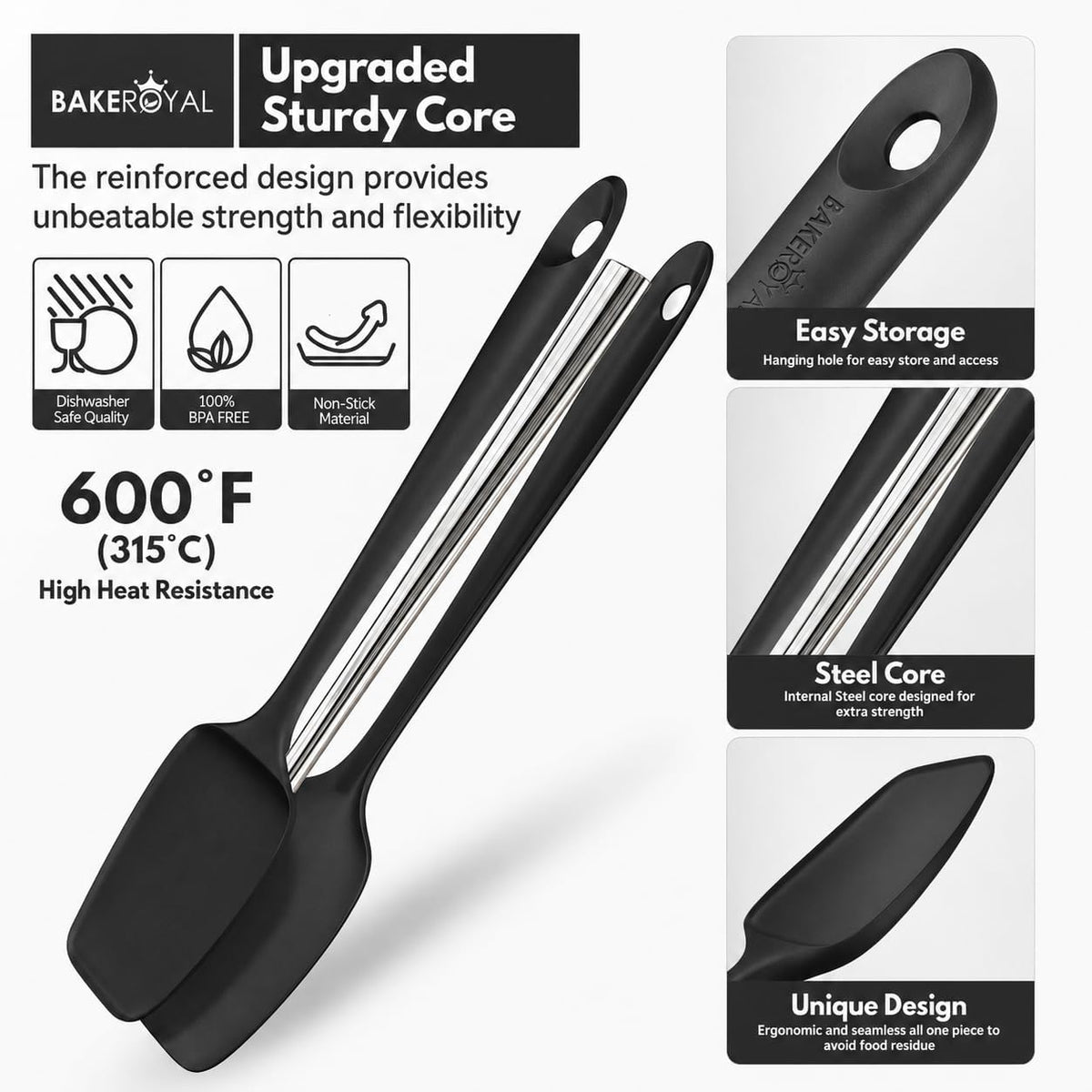 BakeRoyal Silicone Spatula Set, 600°F Heat Resistant, 4 Piece BPA-Free Food Grade Silicone Kitchen Utensils Set for Baking, Cooking & Mixing, Non Stick Silicone Cooking Utensils Set - Black