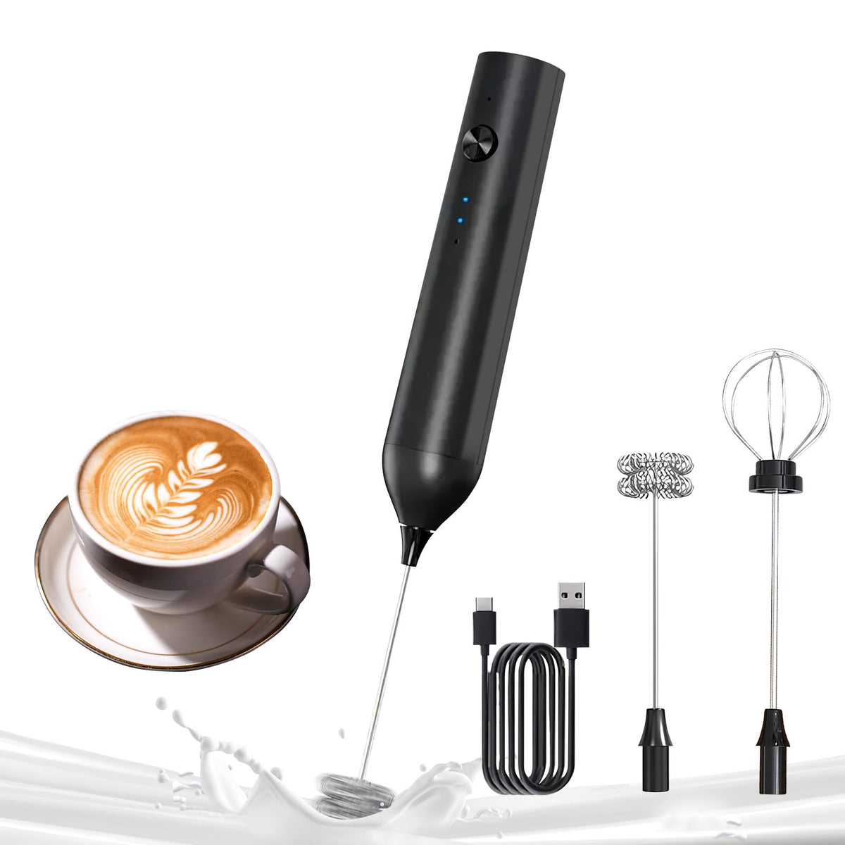 YARRAMATE Rechargeable Milk Frother, 3-Speed Electric Whisk, 2 Heads