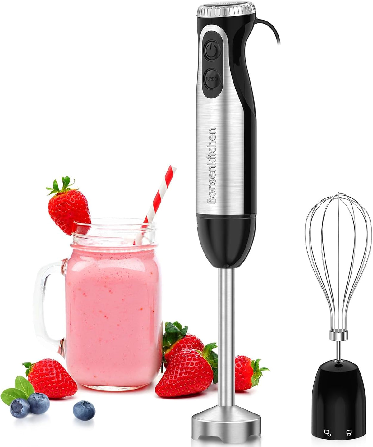 Bonsenkitchen 2-in-1 Immersion Handheld Blender with 20 Speeds & Turbo Mode