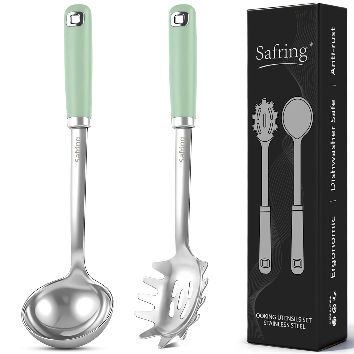 Safring Stainless Steel Soup Ladle and Spaghetti Spoon Set, Heat Resistant Rubber Handle, Dishwasher Safe, Kitchen Utensils for Cooking, Stirring, Serving Pasta, Soup & Sauce