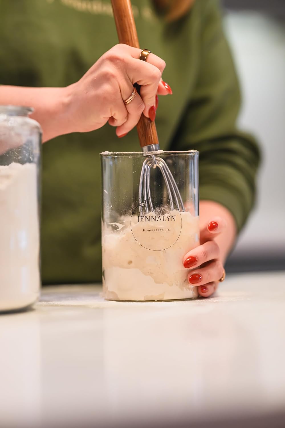 Sourdough Starter Jar Whisk - Easily Mix Thick Starter Dough; Rounded Edges and Tip Scrapes Side and Bottom of Jar Clean; Essential Sourdough Whisking Tool; Teak Wood and Stainless Steel Hand Whisk