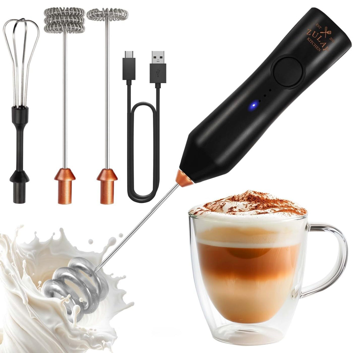 Zulay Kitchen Rechargeable Milk Frother Handheld - Frother Wand, Drink Mixer, Electric Whisk Frother, for Cappuccinos, Matcha & Protein Powder - Lux 4 Whisk 2 Speed Waterproof 2000mAh Alpha Black