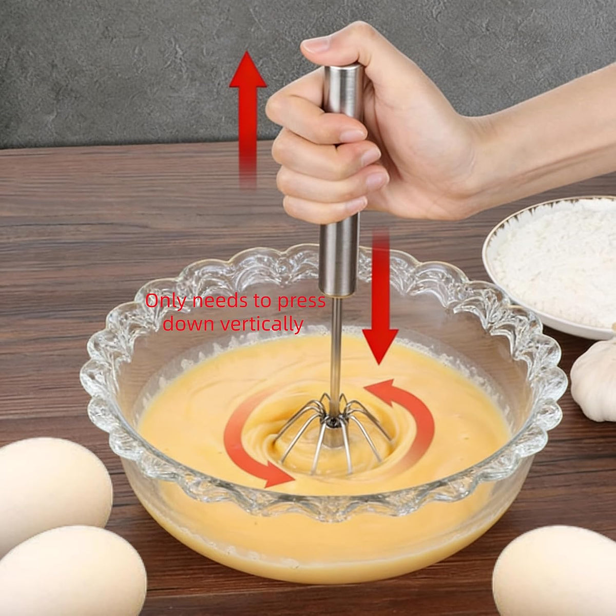 3 Pack Stainless Steel Egg Whisk, Semi-Automatic Push-Down Hand Push Mixer Stirrer Ideal For Blending, Baking tool, Beating Eggs, Butter & Milk