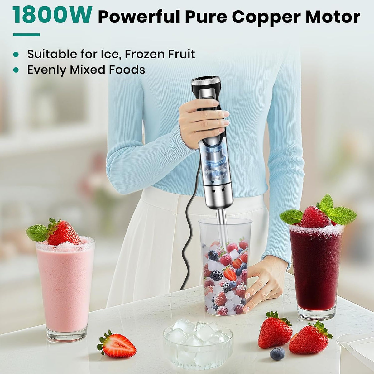 Colarlemo 1800W Immersion Blender Handheld 4-in-1 Hand Blender, Silver