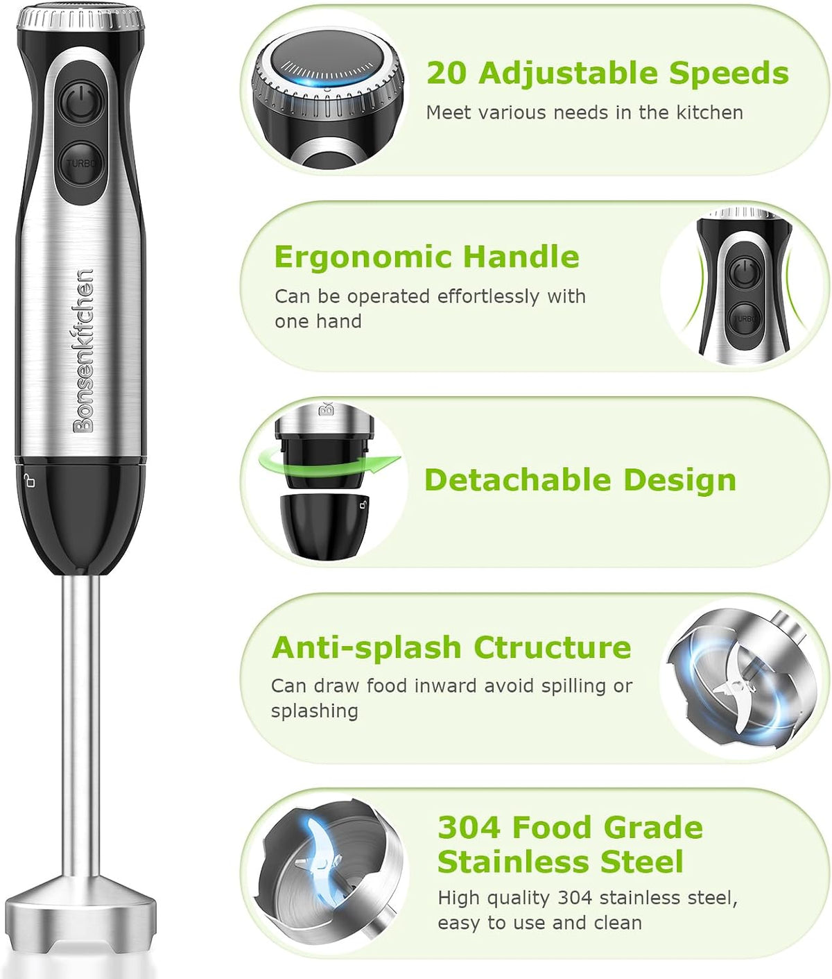 Bonsenkitchen 2-in-1 Immersion Handheld Blender with 20 Speeds & Turbo Mode