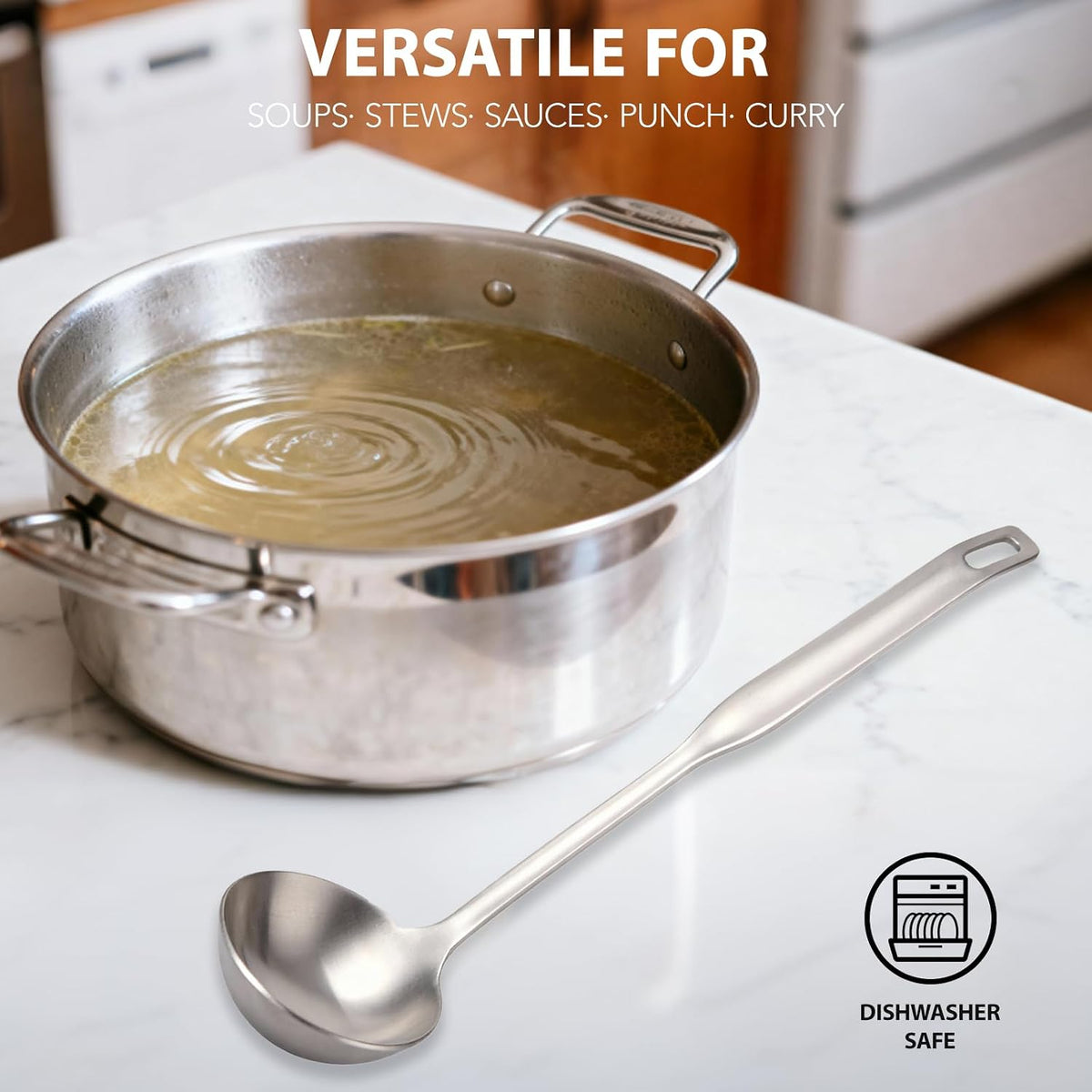 Stainless Steel Soup Ladle, 11.8-Inch Long Handle, Deep Bowl for Soup, Stew, Chili & Sauce, One-Piece Metal Serving Spoon with Hanging Hole, Dishwasher Safe