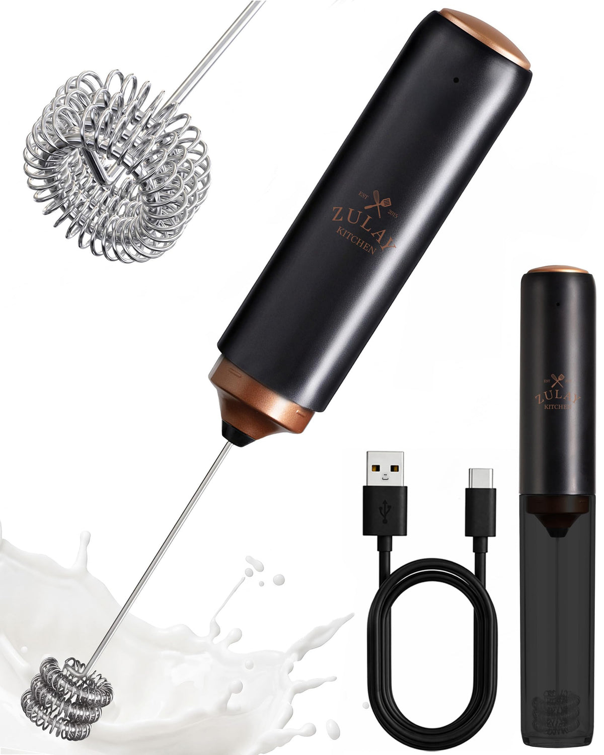 Zulay Kitchen Rechargeable Milk Frother Handheld - Frother Wand, Drink Mixer, Electric Whisk Frother, for Cappuccinos, Matcha & Protein Powder - Lux 4 Whisk 2 Speed Waterproof 2000mAh Alpha Black