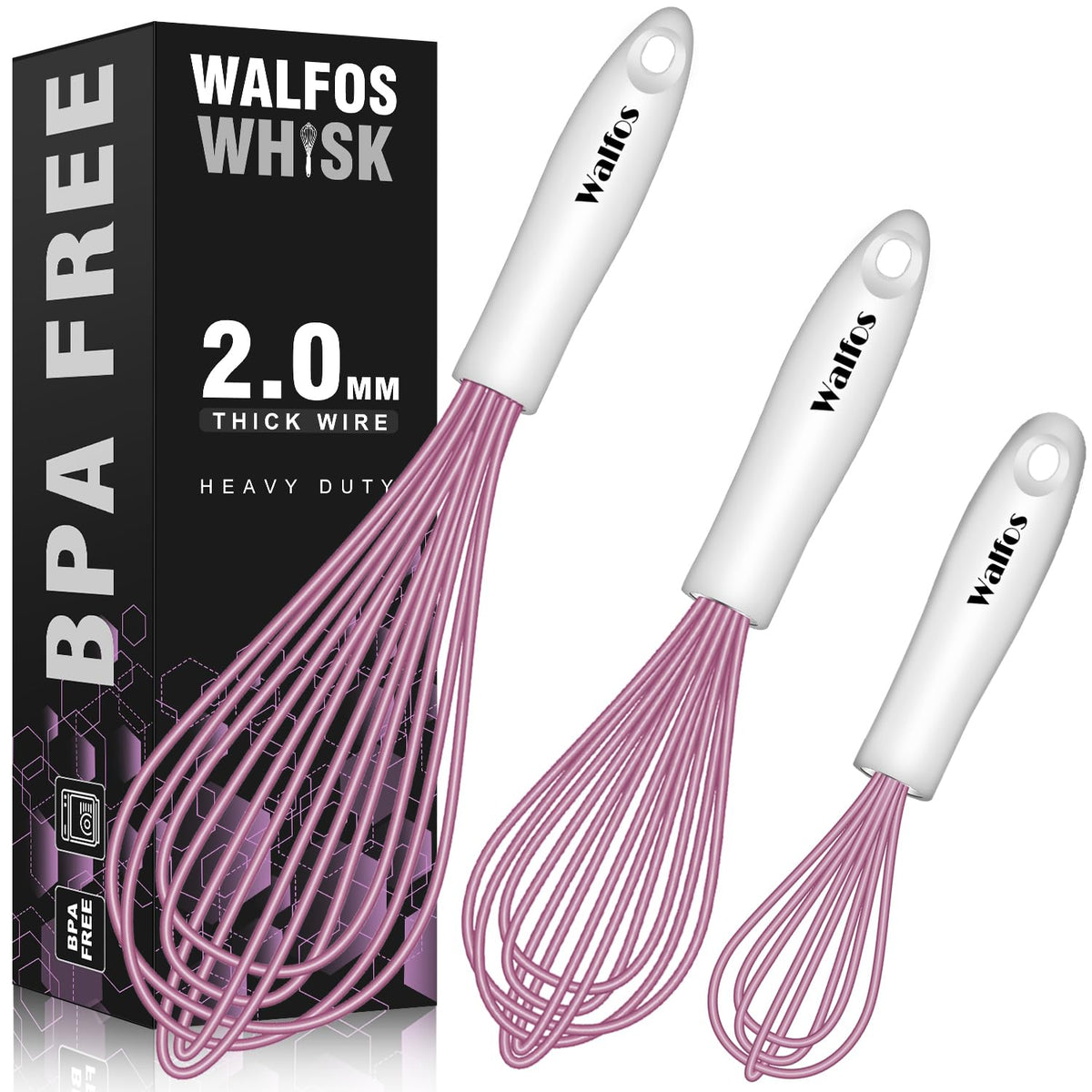 Walfos Silicone Whisk,Stainless Steel Wire Whisk Set of 3 -Heat Resistant 480°F Kitchen Whisks for Non-stick Cookware,Balloon Egg Beater Perfect for Blending,Whisking,Beating,Frothing & Stirring,Black