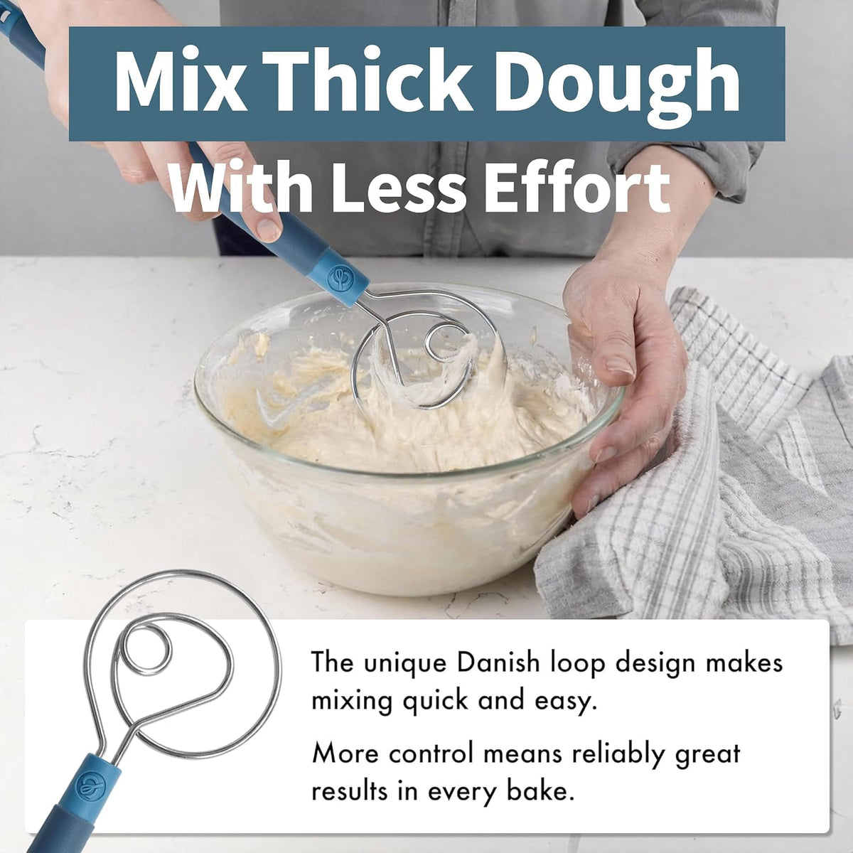 Danish Dough Whisk Heavy Duty 13.5" - Dishwasher-Safe Baking Tool (Blue)