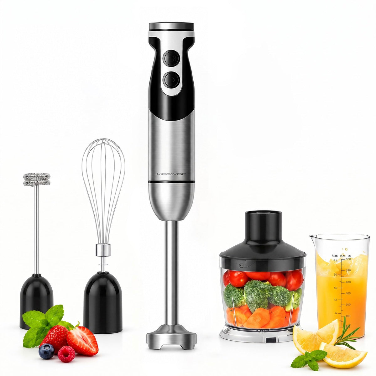 MEGAWISE Immersion Hand Blender 3-in-1, 12-Speed Stick Blender with Turbo, Egg Whisk & Milk Frother for Soups, Sauces, Smoothies and Baby Food, Red