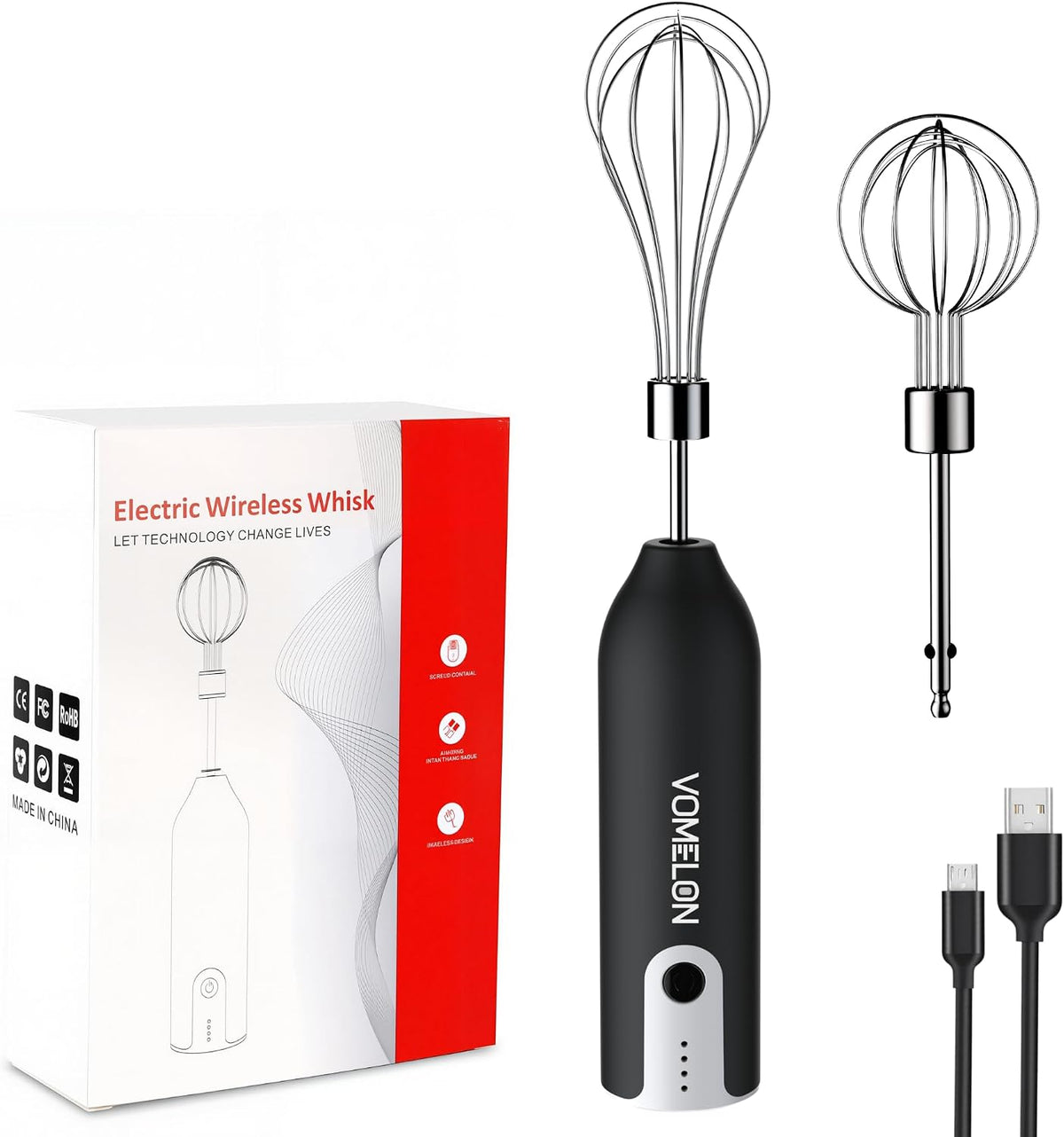 Electric Hand Mixer Whisk | Wireless Rechargeable Handheld Egg Beater with 2 Stainless Steel Mixing Heads | Portable Kitchen Hand Mixer for Egg, Milkshake Cream, Cake, Baking & Cooking-Black