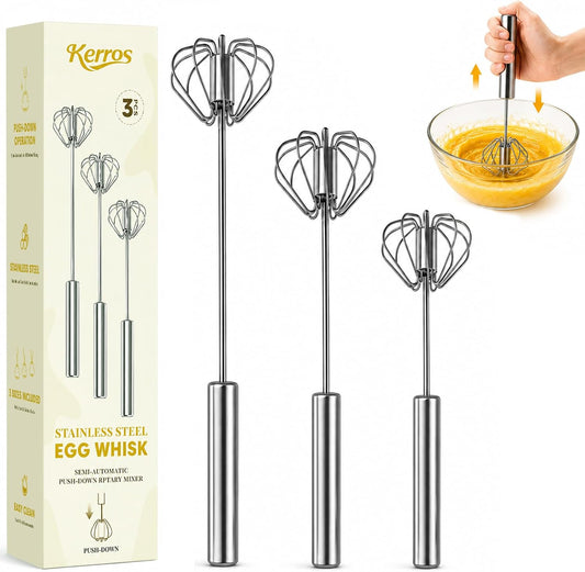 Kerros 3 Pack Semi Automatic Whisk Set, Stainless Steel Egg Beaters