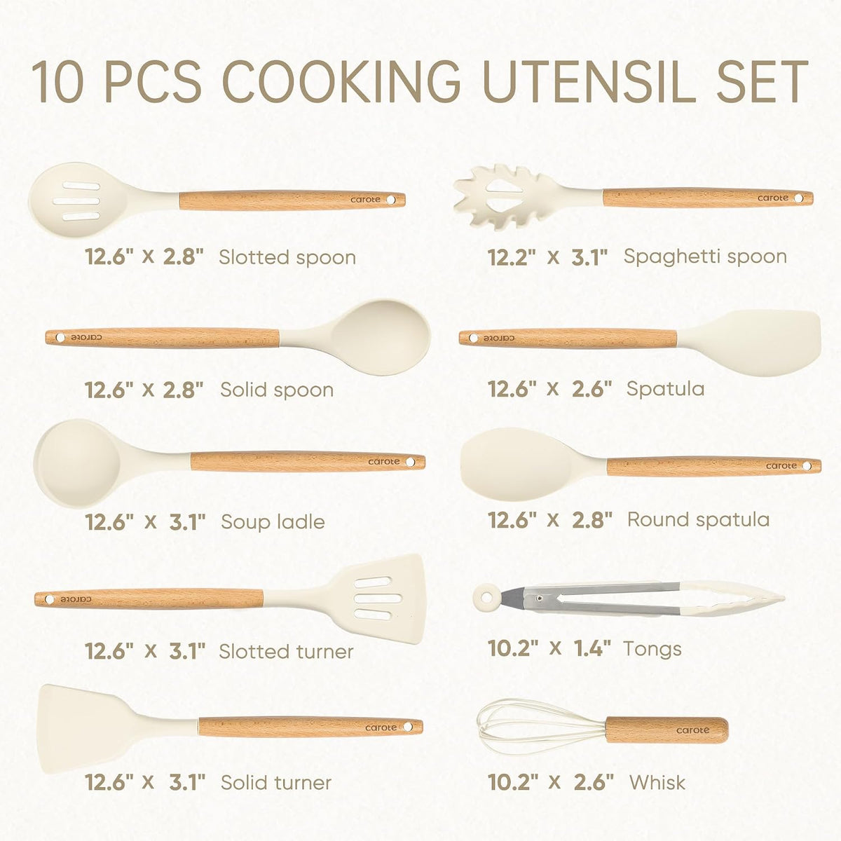 CAROTE 10-Piece Kitchen Utensils Set with Wood Cool-Touch Handles, Cream