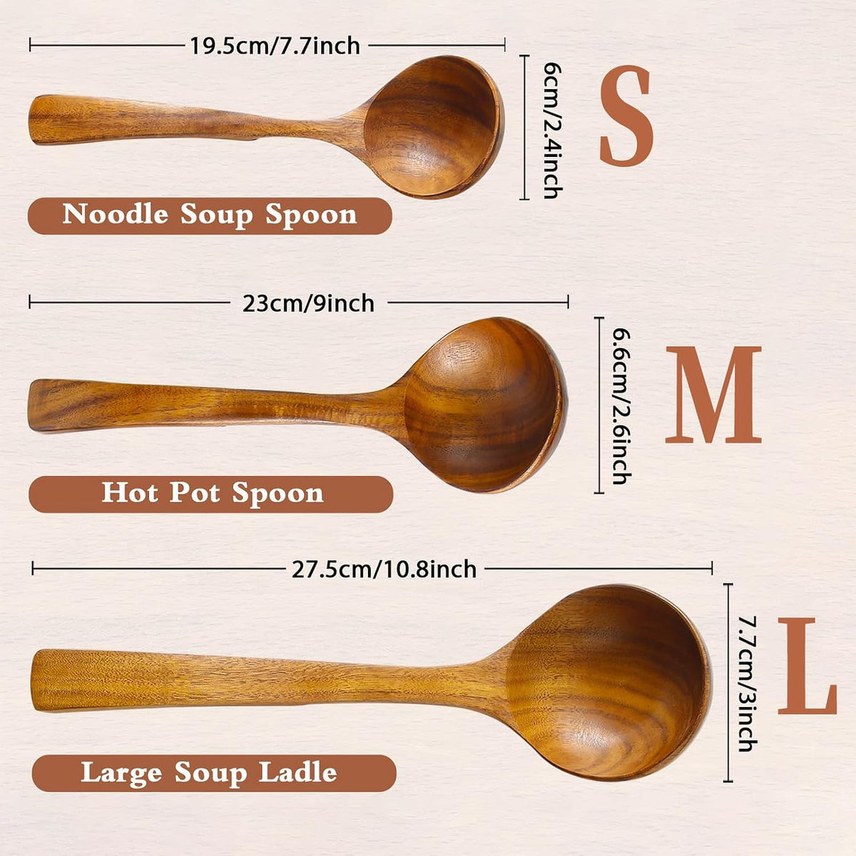 3Pcs Wooden Ladle for Soup, 3Size Natural Teak Wooden Cooking Spoons, Wood Soup Spoon for Serving, Stirring, Non-Stick Heat-Resistant, Kitchen Spoon Sets for Mom and Wife Cooking Gifts