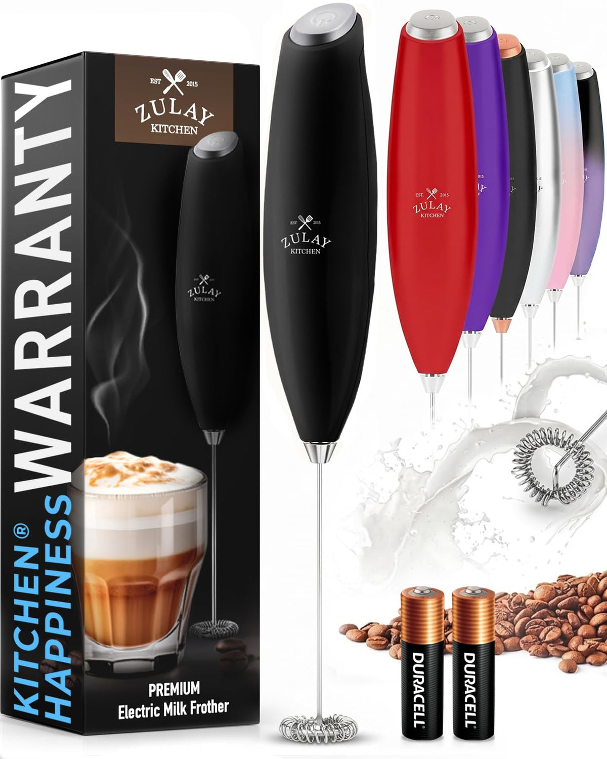 Zulay Kitchen Rechargeable Milk Frother Handheld - Frother Wand, Drink Mixer, Electric Whisk Frother, for Cappuccinos, Matcha & Protein Powder - Lux 4 Whisk 2 Speed Waterproof 2000mAh Alpha Black