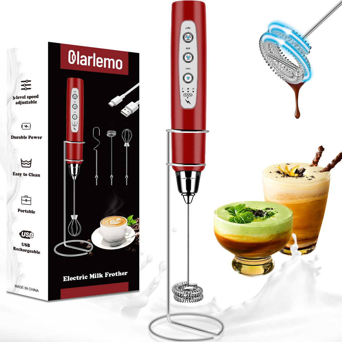 Colarlemo Milk Frother Handheld Rechargeable, Frother Wand Drink Mixer Electric Whisk for Coffee, Detachable With 3 Stainless Whisks, Hand Mixer for Lattes, Cappuccino, Matcha, Egg, No Stand,Black