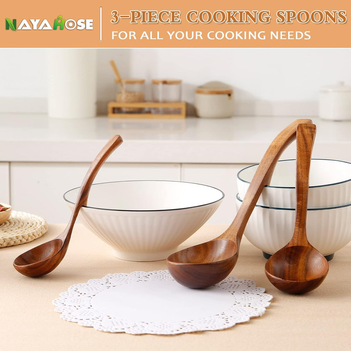 3Pcs Wooden Ladle for Soup, 3Size Natural Teak Wooden Cooking Spoons, Wood Soup Spoon for Serving, Stirring, Non-Stick Heat-Resistant, Kitchen Spoon Sets for Mom and Wife Cooking Gifts