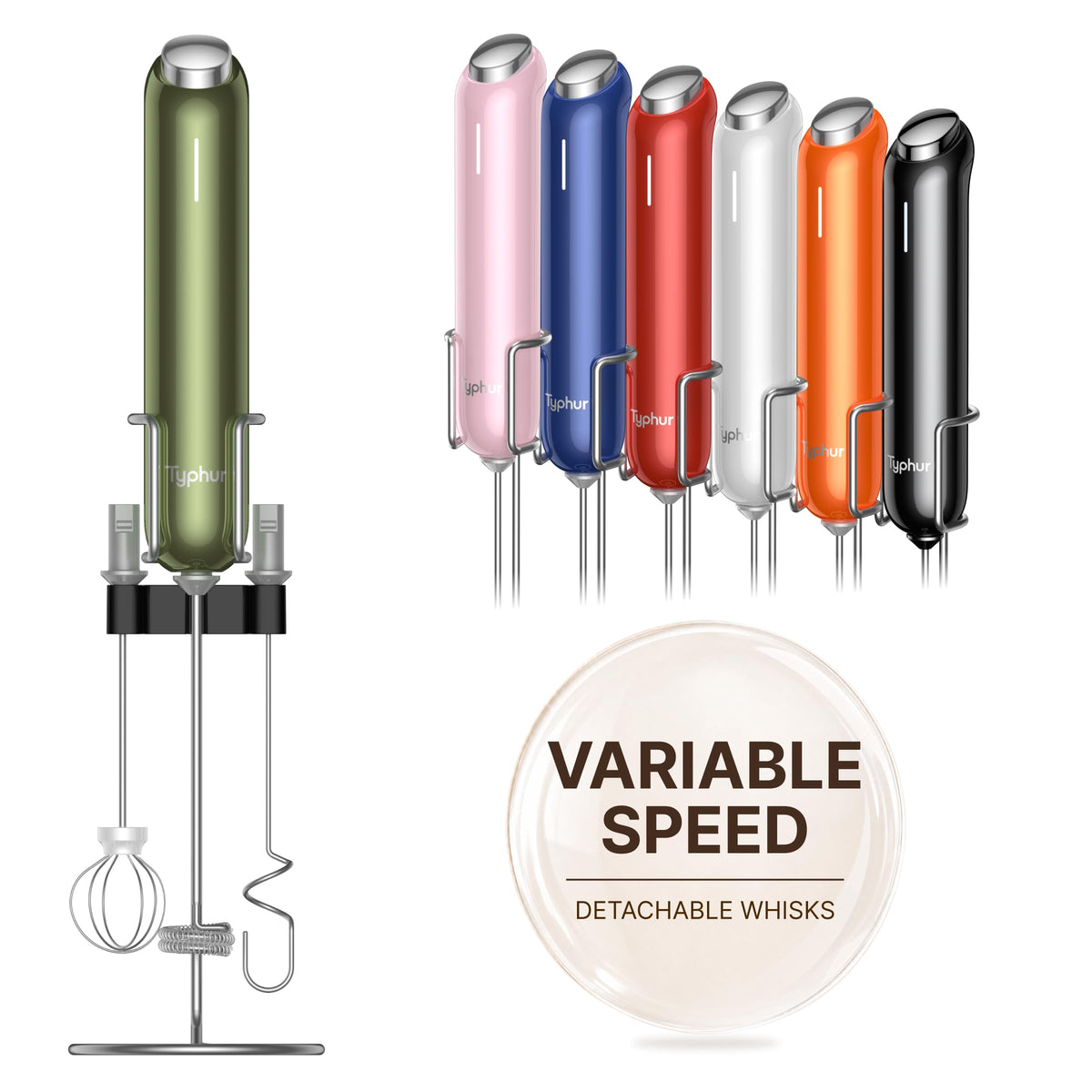 InstaWhisk Upgraded Milk Frother with Variable Speed - Rechargeable Handheld Coffee Frother Wand with Detachable Whisks, Electric Drink Mixer for Latte, Cappuccino, Matcha, Almond Milk, Protein, Black