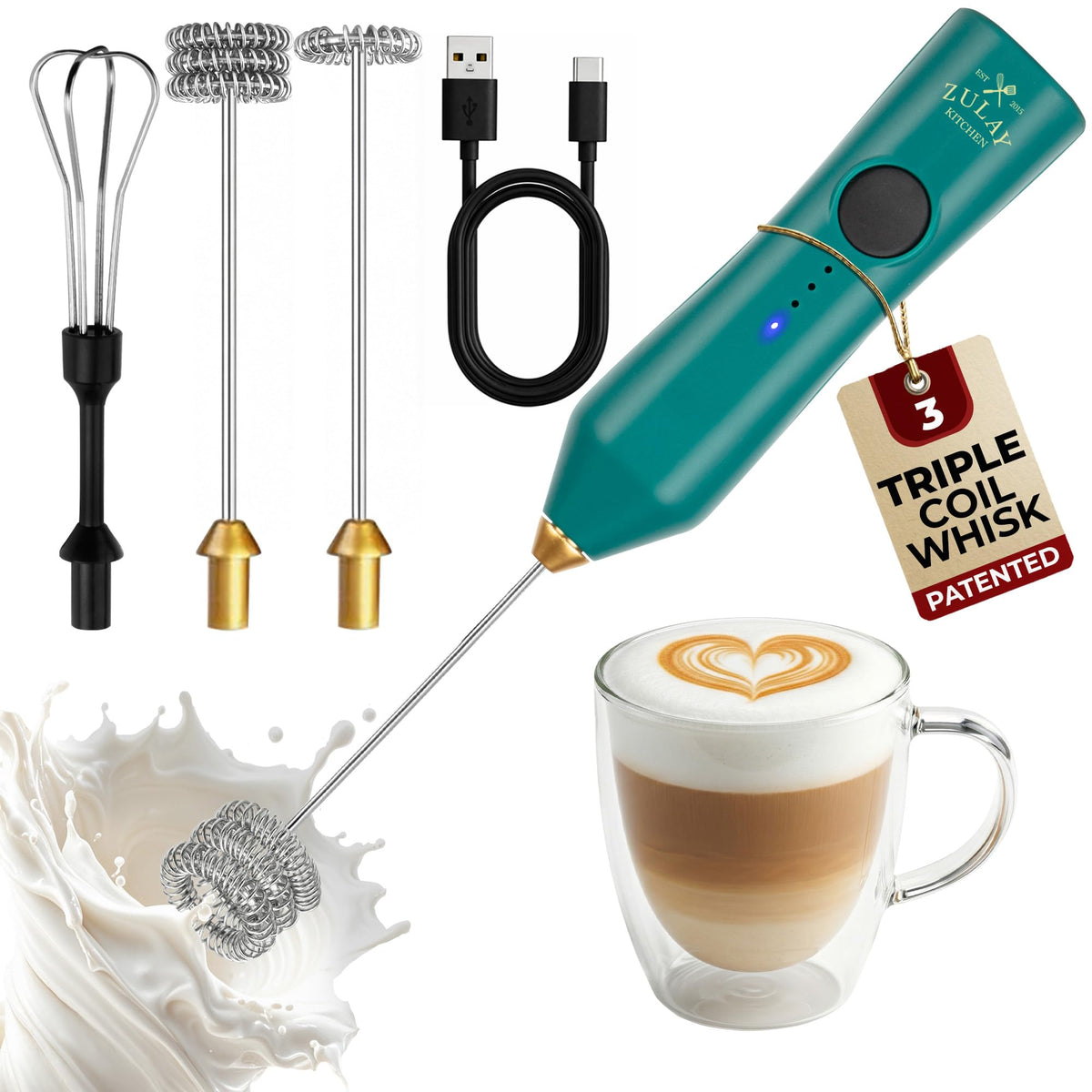 Zulay Kitchen Rechargeable Milk Frother Handheld - Frother Wand, Drink Mixer, Electric Whisk Frother, for Cappuccinos, Matcha & Protein Powder - Lux 4 Whisk 2 Speed Waterproof 2000mAh Alpha Black