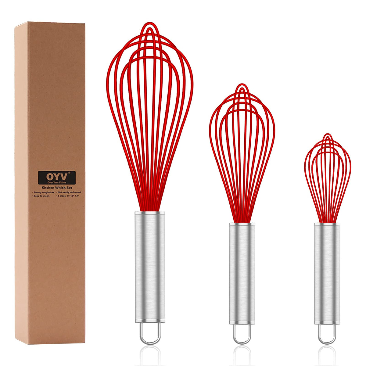 OYV Pink Silicone Whisk Set of 3, 8/10/12 Inch, Non-Scratch