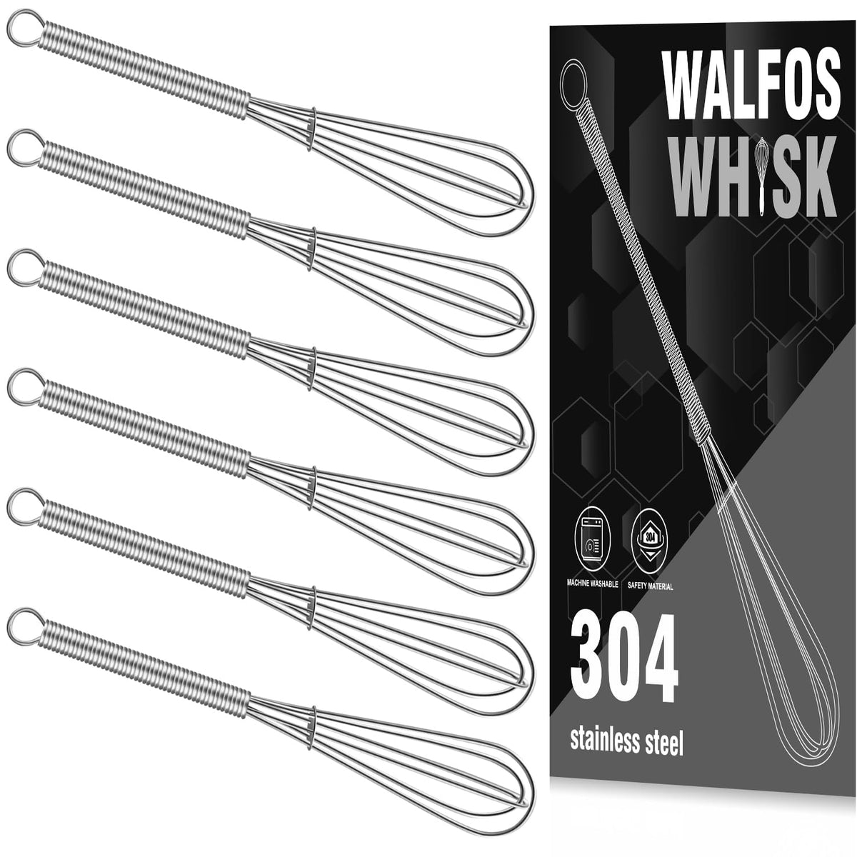 Walfos Whisk,304 Stainless Steel whisk,No-Rust 7+9+11inch Whisks for cooking Nice for Blending,Whisking,Beating.Heat resistant 600°F Dishwasher Safe. Heavy duty kitchen whisk.SILVER