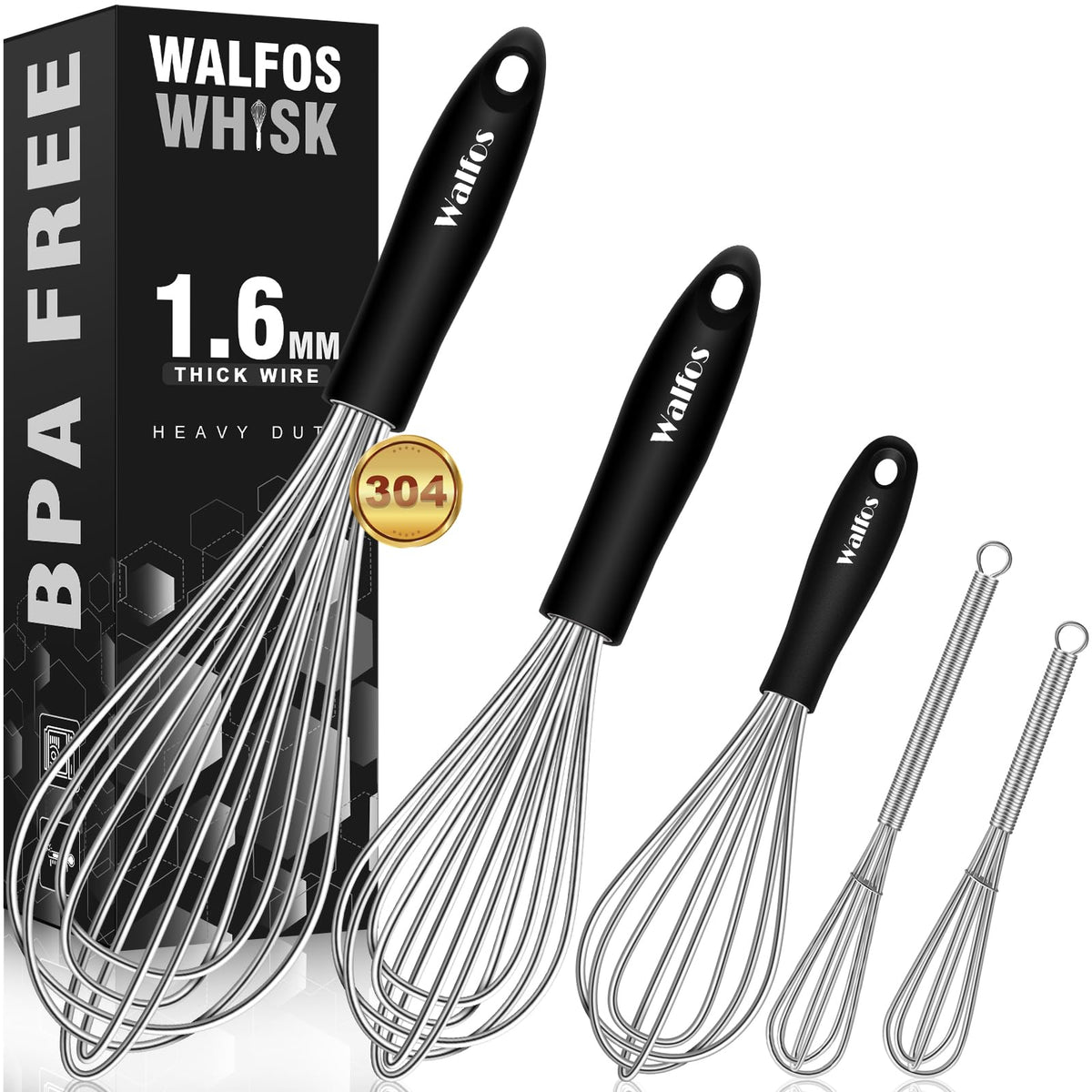 Walfos Whisk,304 Stainless Steel whisk,No-Rust 7+9+11inch Whisks for cooking Nice for Blending,Whisking,Beating.Heat resistant 600°F Dishwasher Safe. Heavy duty kitchen whisk.SILVER