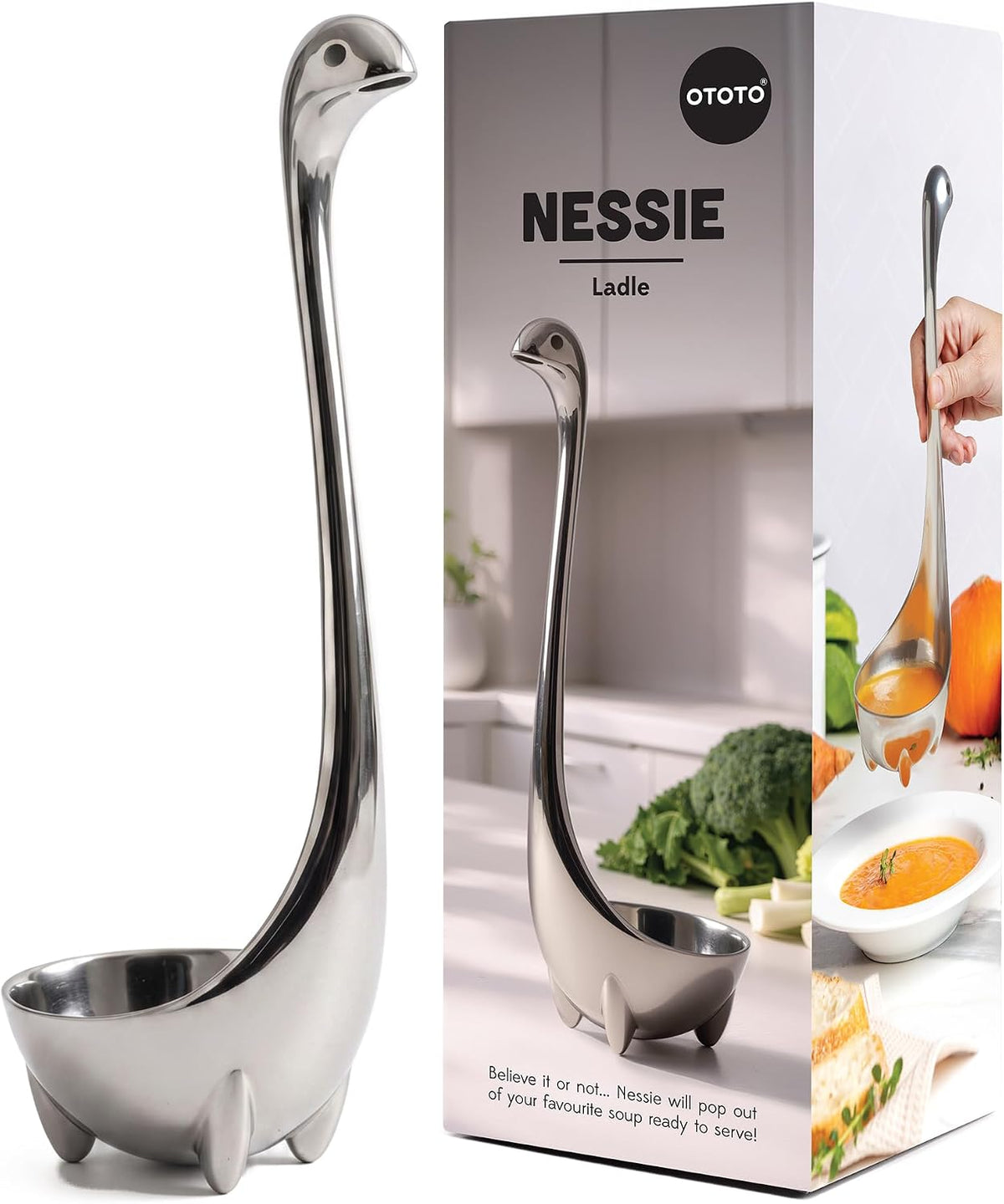 OTOTO The Original Nessie Stainless Steel Ladle - Soup Ladle, Cute Gifts, Funny Kitchen Gadgets, Loch Ness design, Cooking Gifts, BPA Free