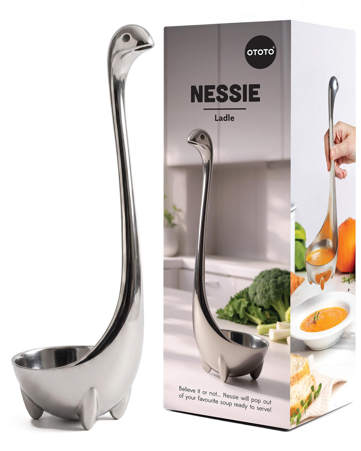 OTOTO The Original Nessie Stainless Steel Ladle - Soup Ladle, Cute Gifts, Funny Kitchen Gadgets, Loch Ness design, Cooking Gifts, BPA Free
