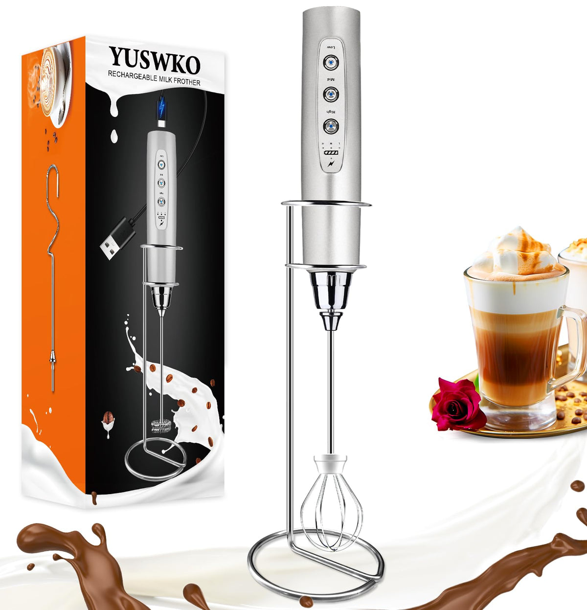 YUSWKO Handheld Milk Frother Wand for Coffee, Rechargeable Electric Whisk