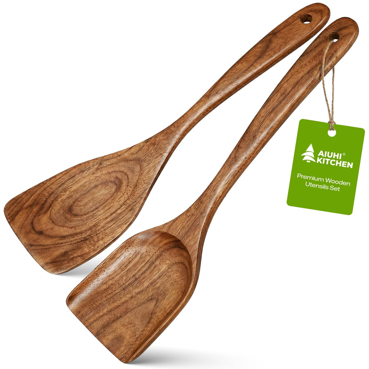 AIUHI 11-Piece Natural Teak Wood Kitchen Utensil Set with Holder, Wooden Spoons and Cooking Utensils for Nonstick Cookware, Includes Spatulas, Ladle and Whisk